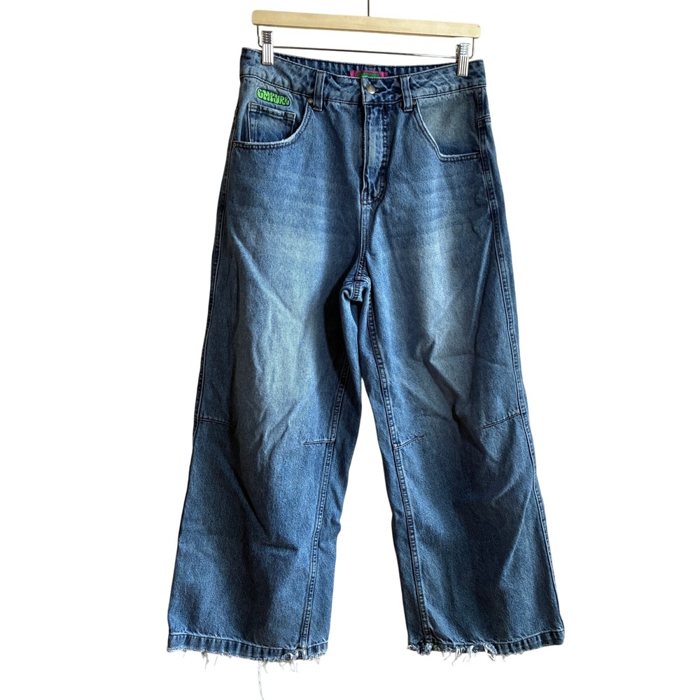 Empyre Wide Leg Baggy Jeans 6 Blue Womens Streetwear Cotton Raw Hem